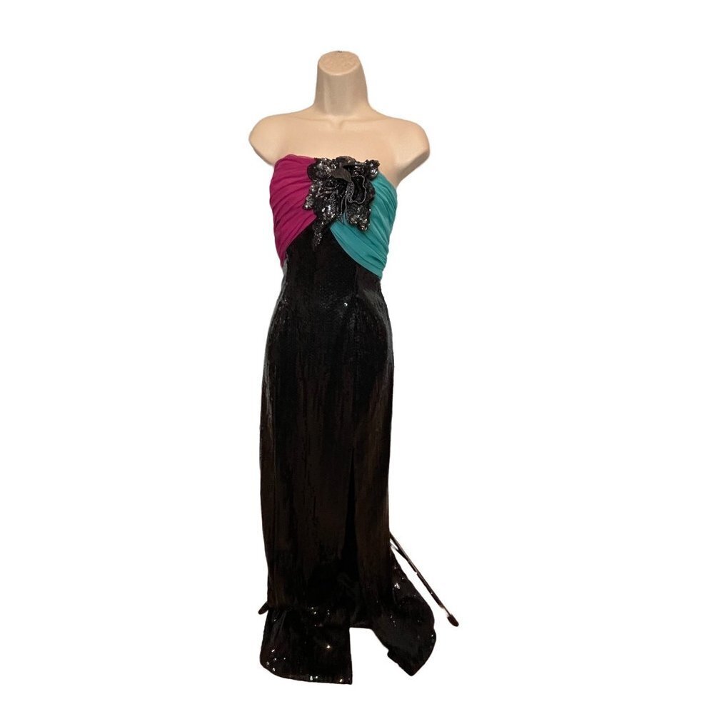 Mike Benet Formals Pink Blue Black Sequined Strapless Vintage Formal Dress Sz 10